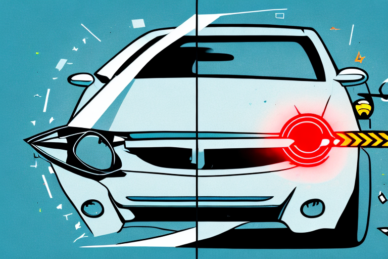A car with visible dents and scratches parked next to a broken traffic light