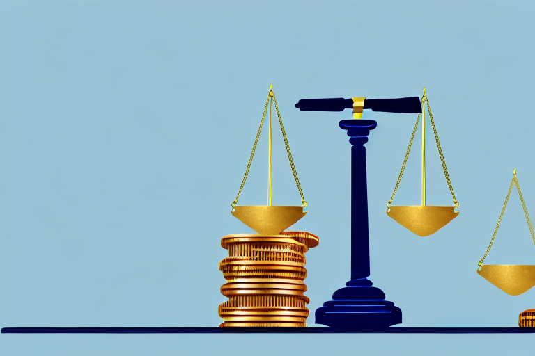 A balanced scale with a gavel on one side and a stack of coins on the other