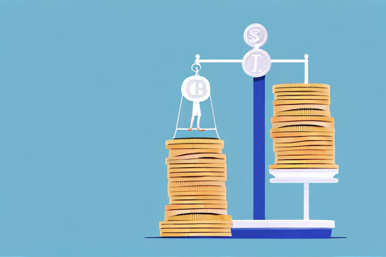 A scale balancing a stack of coins and a safety shield