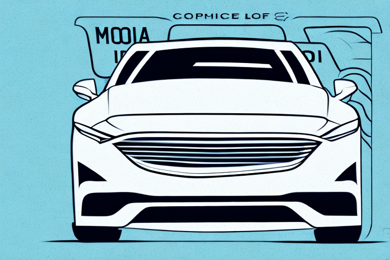 A brand new car with a temporary license plate parked in a car dealership lot
