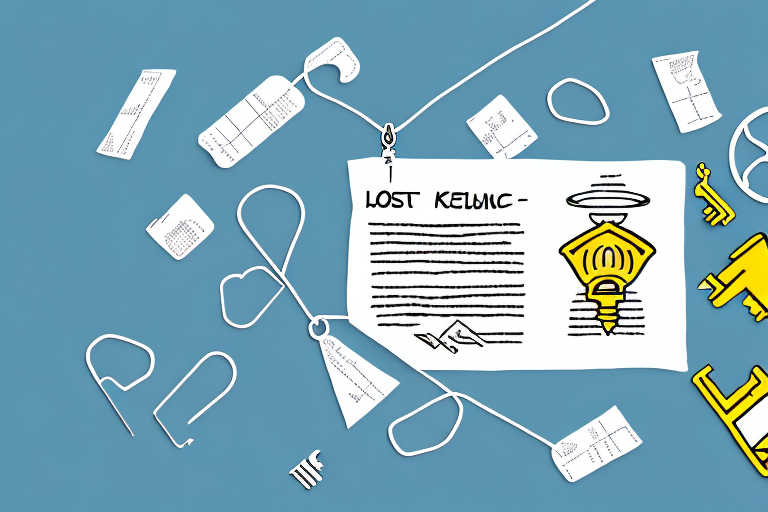 A set of lost keys on the ground with a safety net emerging from a document labeled with an insurance symbol