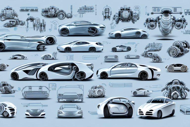Various types of modern cars on a production line in a high-tech automobile factory