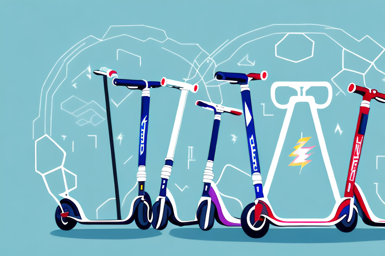 Several different electric scooters with various insurance protection symbols like shields and safety nets surrounding them