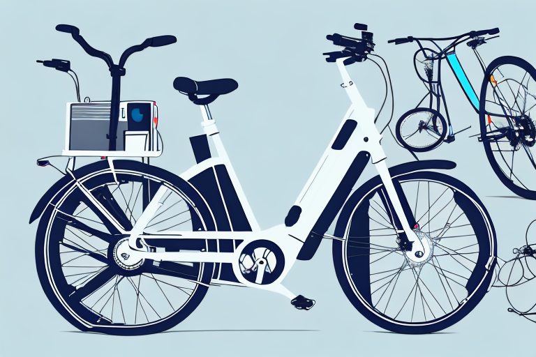 Various types of e-bikes securely locked with different high-quality locks and chains to various sturdy objects such as bike racks and lamp posts