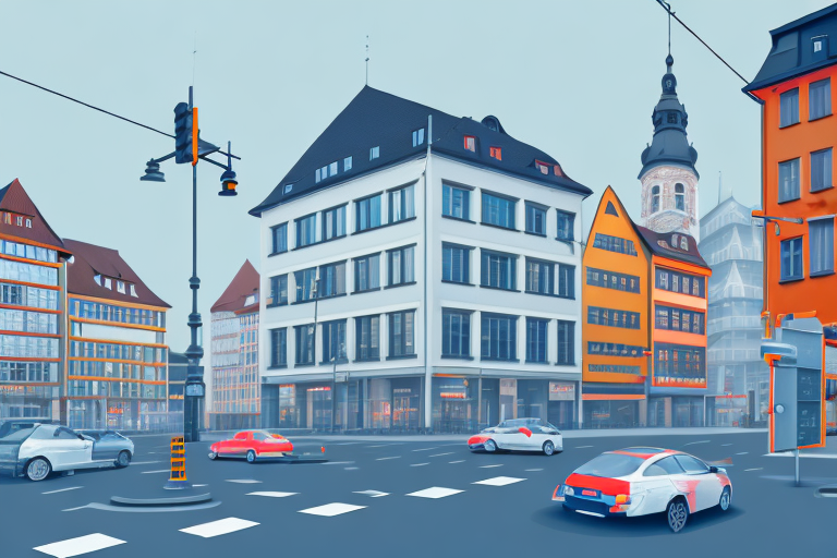A german street scene with prominently displayed s-signs on buildings and traffic posts