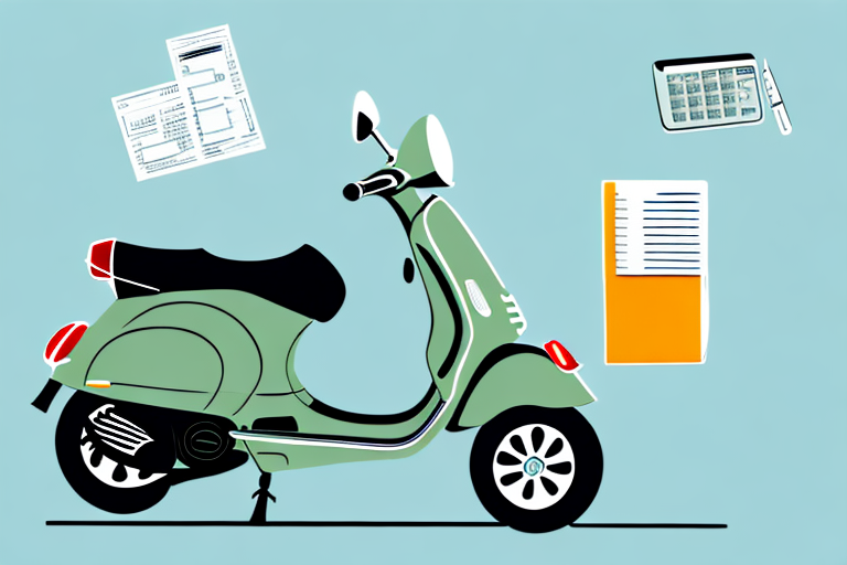 A vespa 125 scooter with insurance papers and a calculator