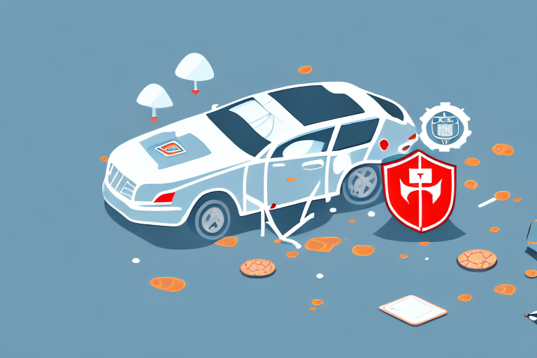 A car with various insurance coverage icons like a shield