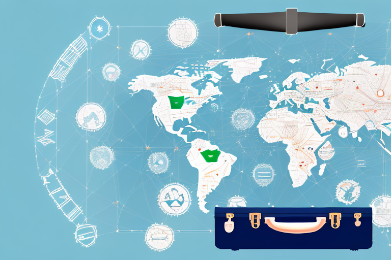 A suitcase adorned with various international travel symbols