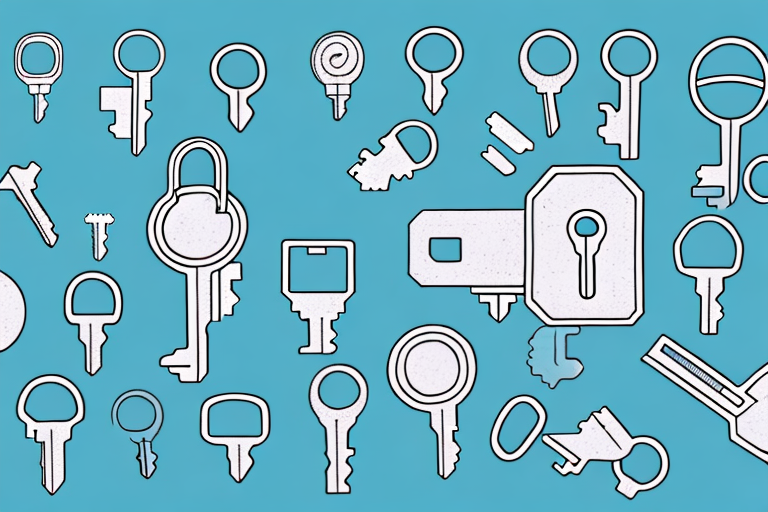 A set of keys scattered on the ground with a complex locking system in the background