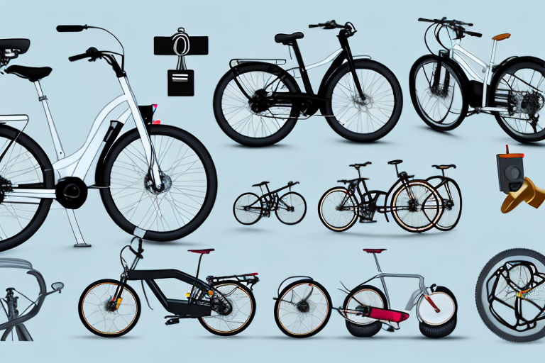 Various e-bikes locked securely with different types of locks and chains to various sturdy objects like lamp posts and bike racks