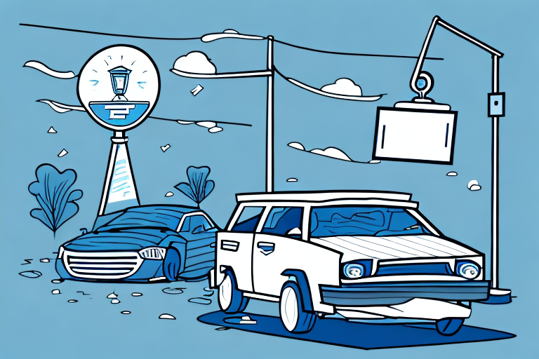A car with visible insurance documents and a broken street lamp post