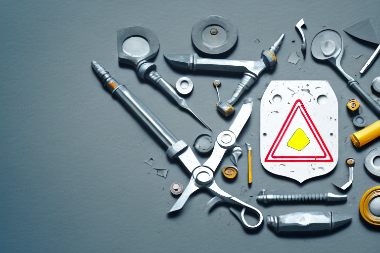 A broken-down car on the side of a road with various tools like a jack