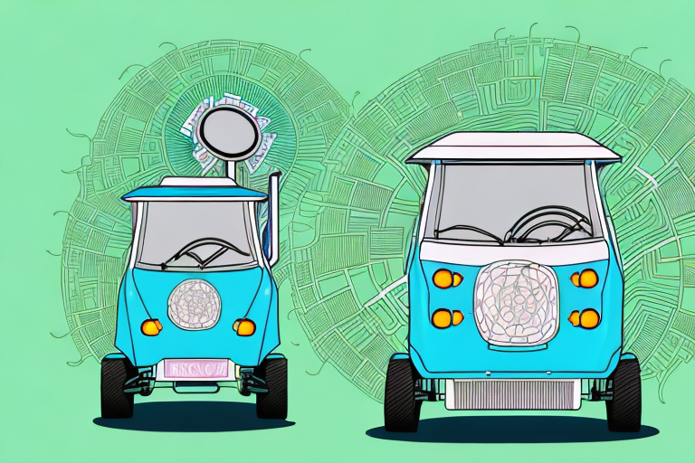 An electric tuk-tuk parked in a vibrant cityscape with greenery and renewable energy elements like wind turbines and solar panels to emphasize the eco-friendly theme