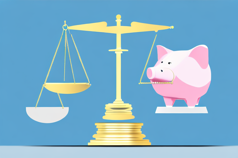 A scale balancing a gavel and a piggy bank