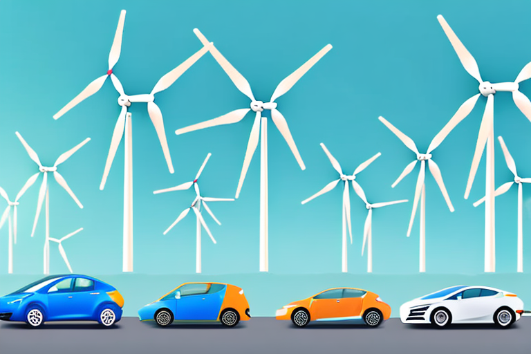Various electric cars on a road with charging stations and renewable energy sources like wind turbines and solar panels in the background