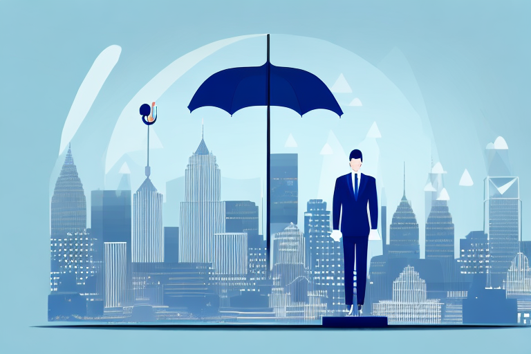 A large scale balancing the symbol of insurance (an umbrella) on one side and a gavel (representing regulation) on the other