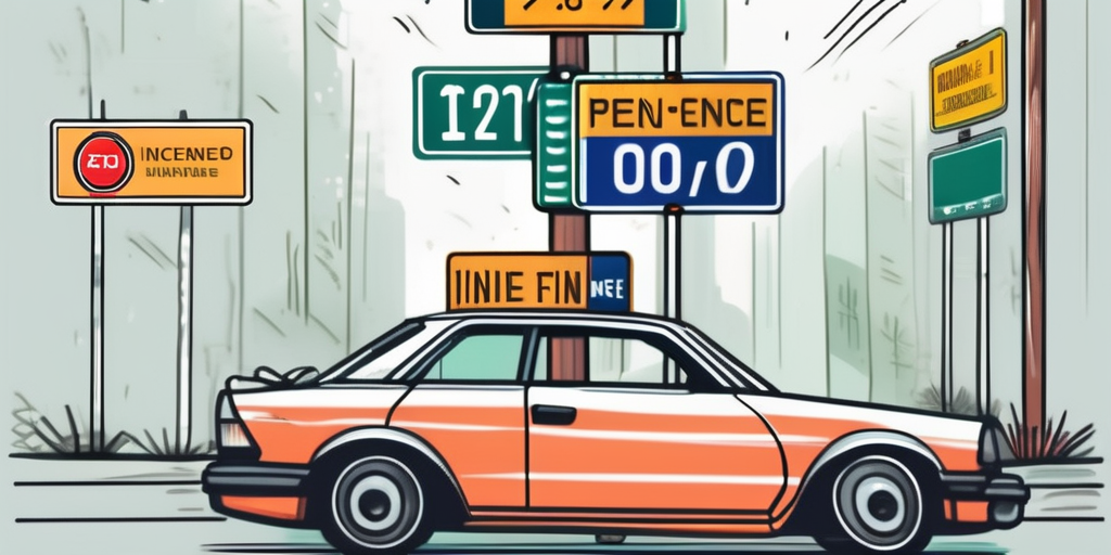 A car with mismatched license plates parked next to a traffic sign indicating a fine or penalty