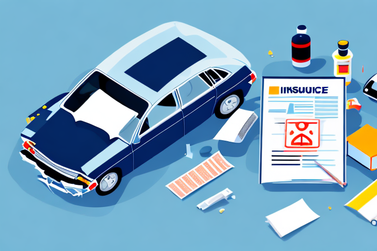 A car accident scene with visible insurance documents in the foreground