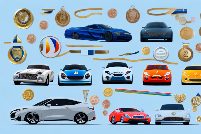 A variety of cars on a podium