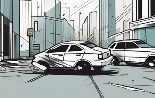 A city street scene with several cars showing various signs of vandalism such as broken windows