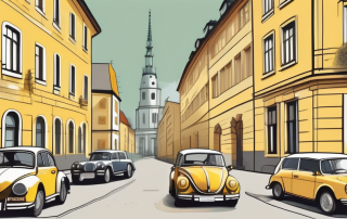 A few cars on a german street with yellow license plates