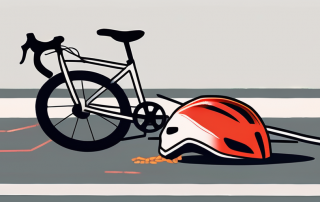 A broken bicycle lying on a road with a car's brake lights glowing in the distance
