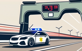 A speeding car on the autobahn with visible speed limit signs and a flashing police siren in the background to represent the consequences of speeding in germany