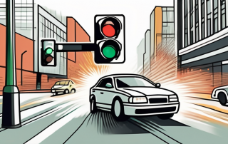 A car speeding through a traffic light with a camera flash indicating it's being caught for speeding