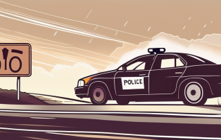 A speeding car on a countryside road with a speed limit sign in the foreground and flashing police lights in the background