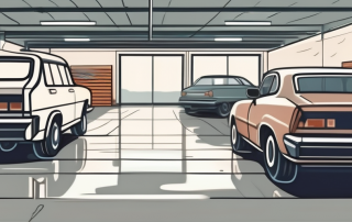 A car with open hood in one garage