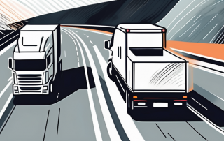 A large truck speeding on a multi-lane highway with speed limit signs visible in the background