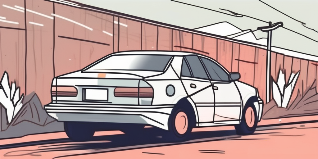 A damaged company car parked on the side of a road with visible dents and scratches
