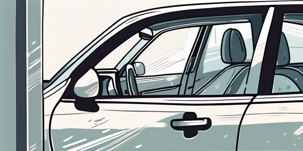 A parked car on a street with visible signs of damage such as a broken mirror