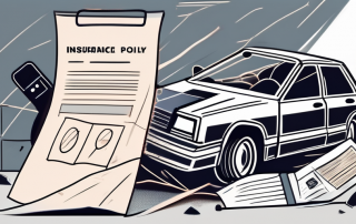 A crashed car with an insurance policy document and a telephone