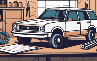 A car in a workshop with various tools around and an insurance policy document on a table nearby