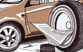 A marten biting into a car tire with a damaged insurance policy document in the background