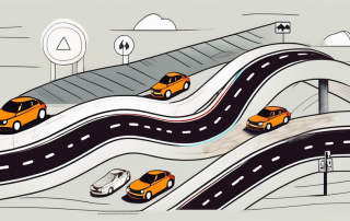 A car on a winding road with various road signs and safety measures like seatbelts and airbags symbolically represented