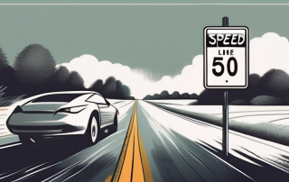 A speeding car on a country road with a speed limit sign showing 50 km/h