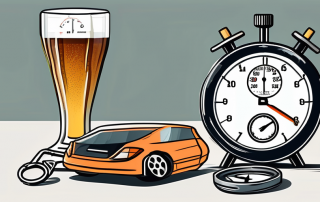 A car key on a bar counter with a spilled beer glass and a stopwatch