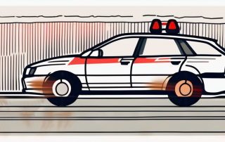 A speeding car with flashing police lights in the background