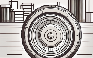 A car tire with a coin inserted into one of the grooves to measure the tread depth