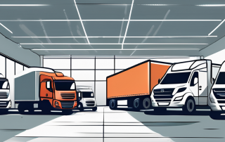 A commercial vehicle rental shop with various types of vehicles like trucks