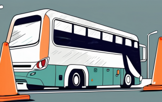 A city bus parked in front of a driving school with traffic cones and a course layout nearby