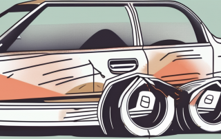 A car with visible damages parked next to an insurance policy document and a wallet