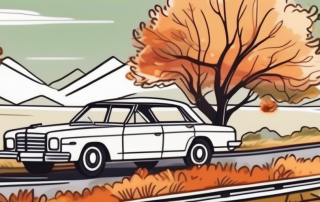 A seasonal license plate on a car parked in a scenic autumn landscape