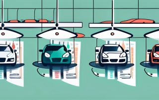 A variety of cars with price tags hanging from the rearview mirrors