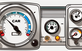 A car dashboard filled with various illuminated symbols such as a fuel gauge