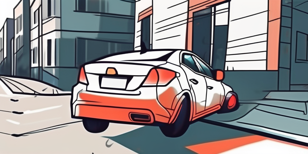 A parked car on a street with visible signs of damage like a dented bumper and broken taillight