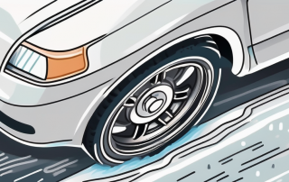 A car tire with a visible tread depth gauge