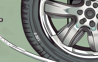 A tire gauge being used to measure the tread depth on a car tire